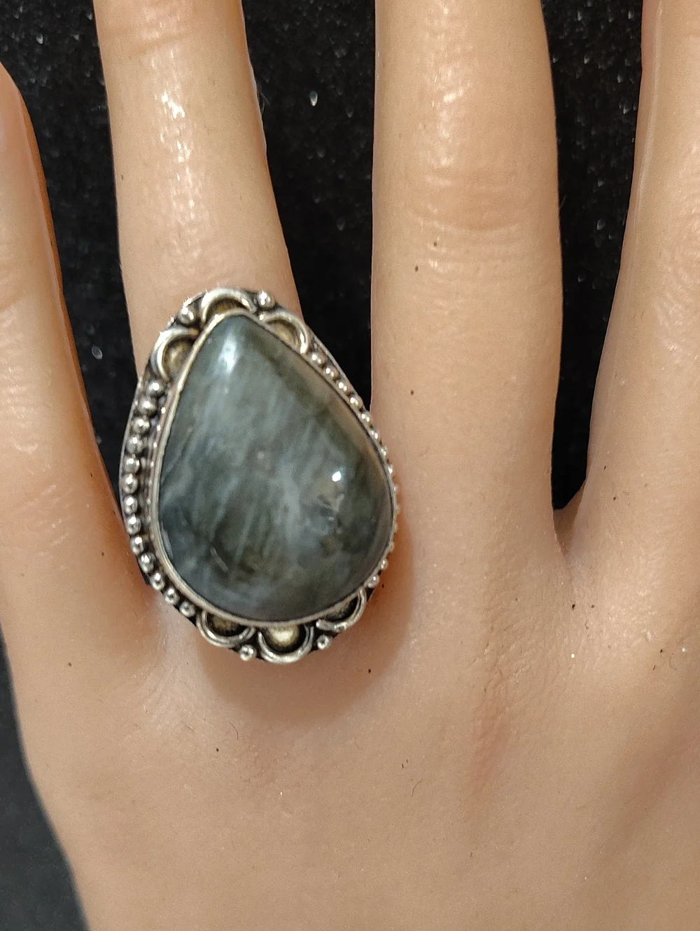 Laboradorite Teardrop 925 Silver Ring Size 6 1/2